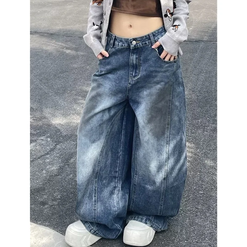 Blue Womens Jeans High Waist Vintage Design Hip Hop Straight Baggy Denim Pants Street Y2K American Style Wide Leg Denim Trouser