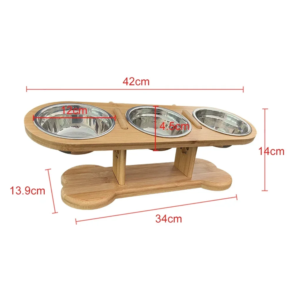 Protect Pet Cervical Spine 3 Stainless Steel Bowls Height Enhancing Dog Bowls Removable Durable Bamboo Feeder Dog Accessories