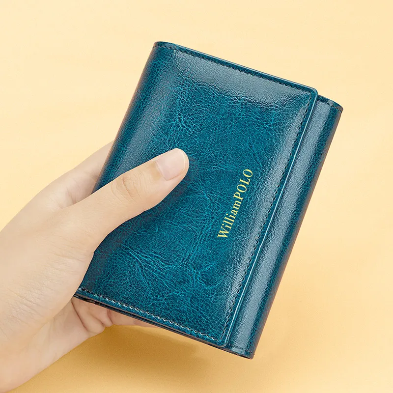 Vintage style genuine leather wallet, bright short style card holder, multifunctional and fashionable money bag