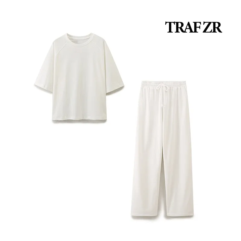 TRAF ZR 2 Piece Sets Womens Outfits Pant Sets Women's Baggy Pants Half Sleeve Shirt O-NECK Women's Track Suits White COTTON