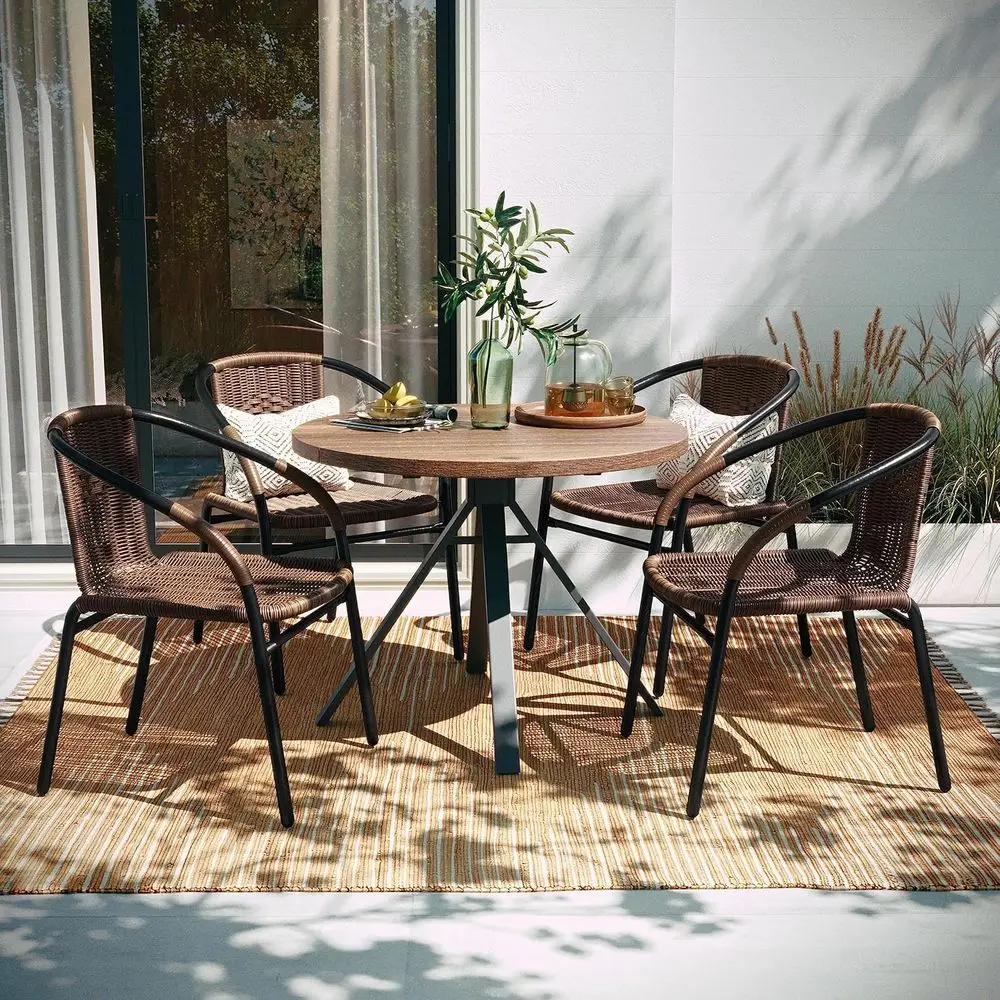 

Set of 4 Curved Back Rattan Stackable Chairs for Indoor and Outdoor Use, Brown