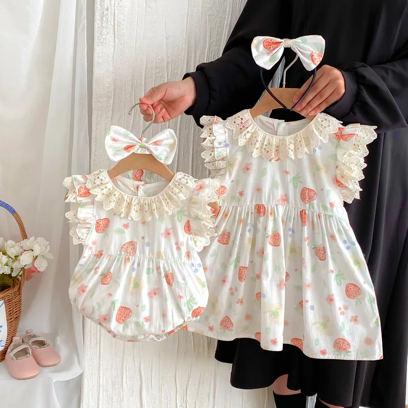 Big Sister Little Sister Matching Cotton Twins Clothes Sisters Clothes Girl and Baby Strawberry Print Infant Bodysuit Kids Dress