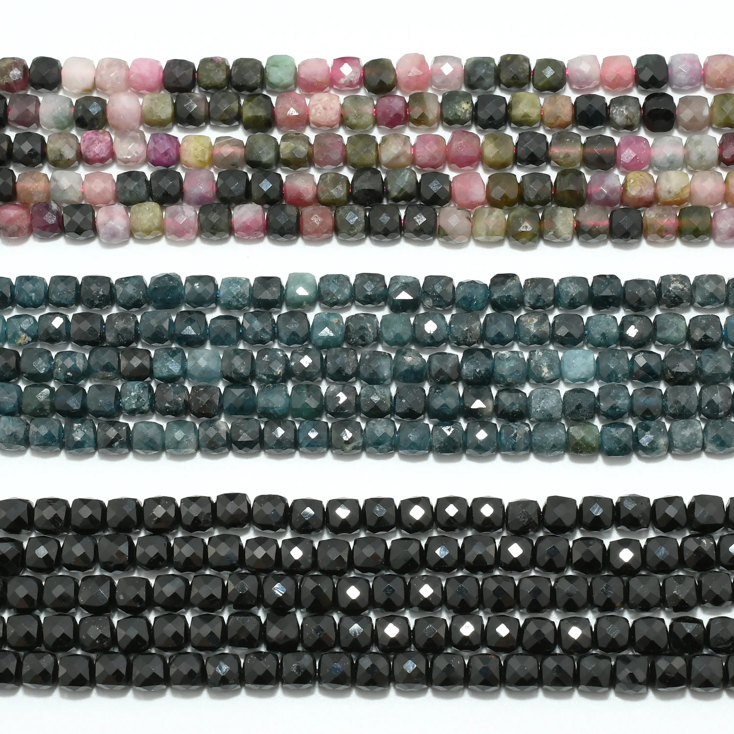 Natural Multiple Color / Black / Blue Tourmaline Irregular Faceted Cube Beads 4.2mm-4.5mm