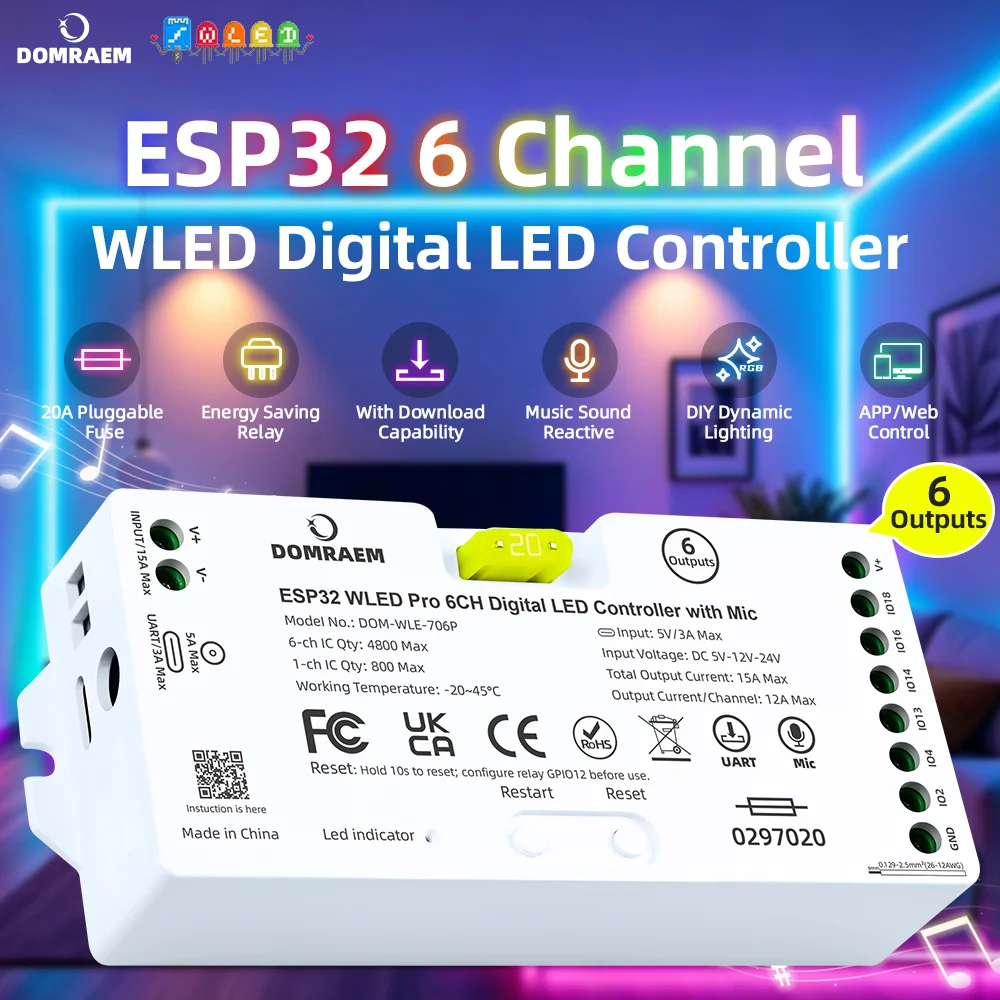 DOMRAEM ESP32 6 Outputs Digital WLED Controller Pro & Pro MAX WiFi Ethernet UART Sound Reactive Light WS281X SK6812 Smart Voice