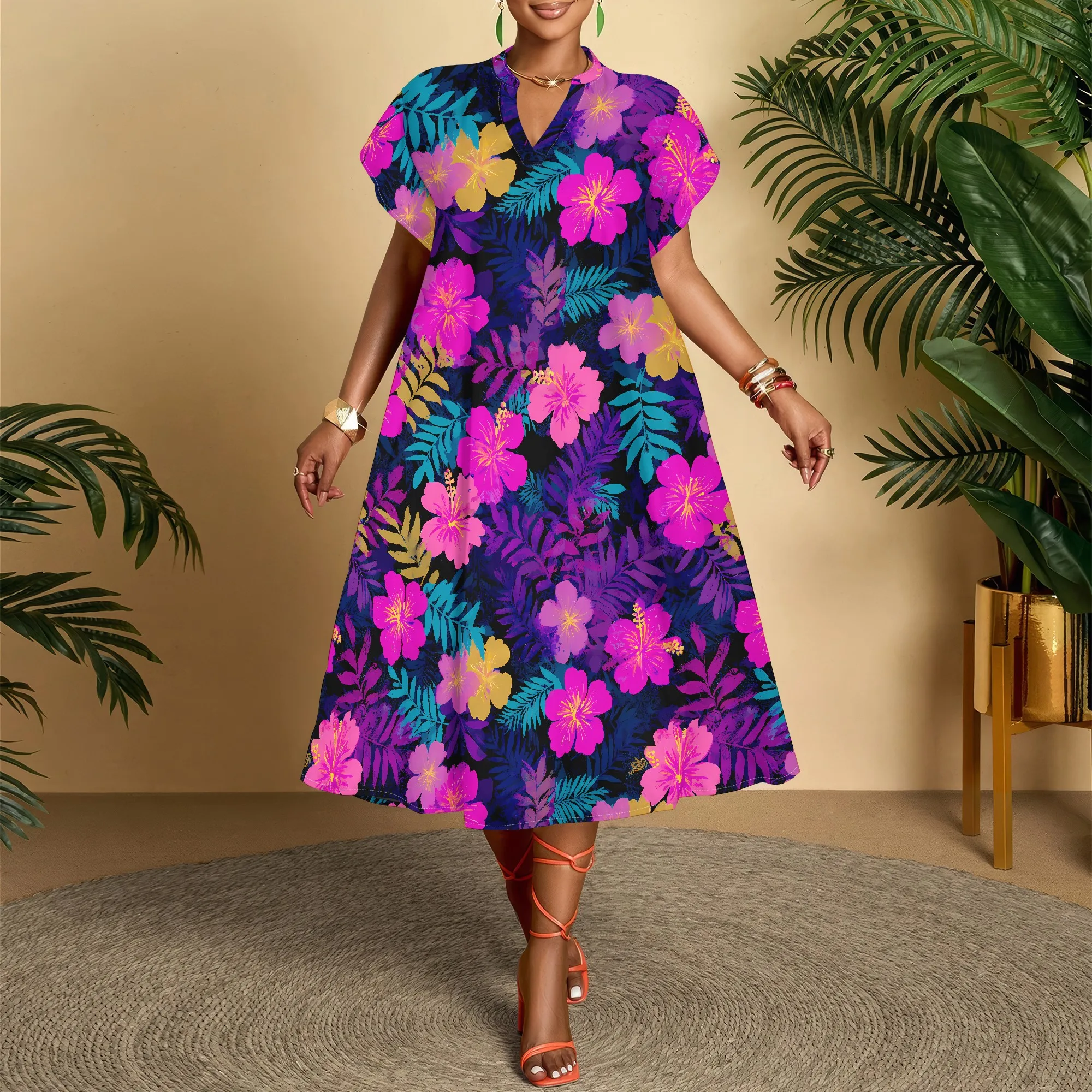 Floral V-Neck Dress, Pink Hibiscus Print, Tropical Leaf Pattern, Summer Casual Wear, Vacation Outfit, XS-2XL