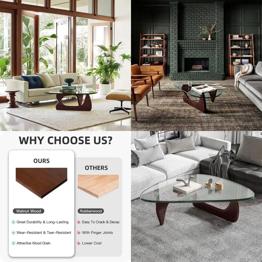 

Современный журнальный столик в стиле Noguchi со стеклянной столешницей и деревянной основой для гостиной