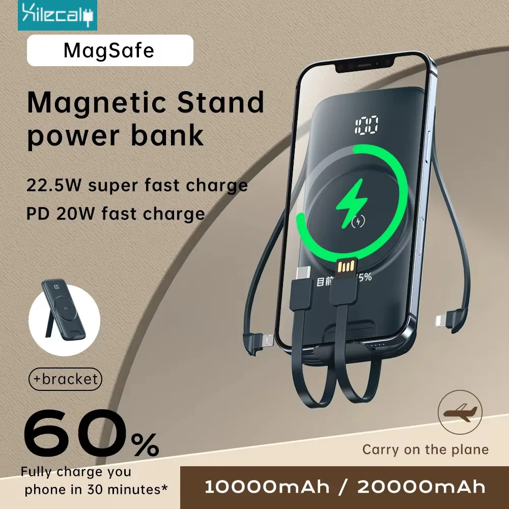 

Xilecaly 10000mAh Magnetic Power Bank 5 in1 Wireless Fast Charger Stand With USB C Cable For Magsafe iPhone Watch Earbuds Xiaomi