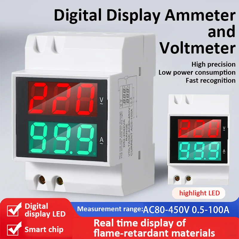 D52-2042 VA Digital Display Ammeter and Voltmeter Meter 80~450V/0.5~100A AC  LED Display Guideway-Type AC Din Rail Display Meter