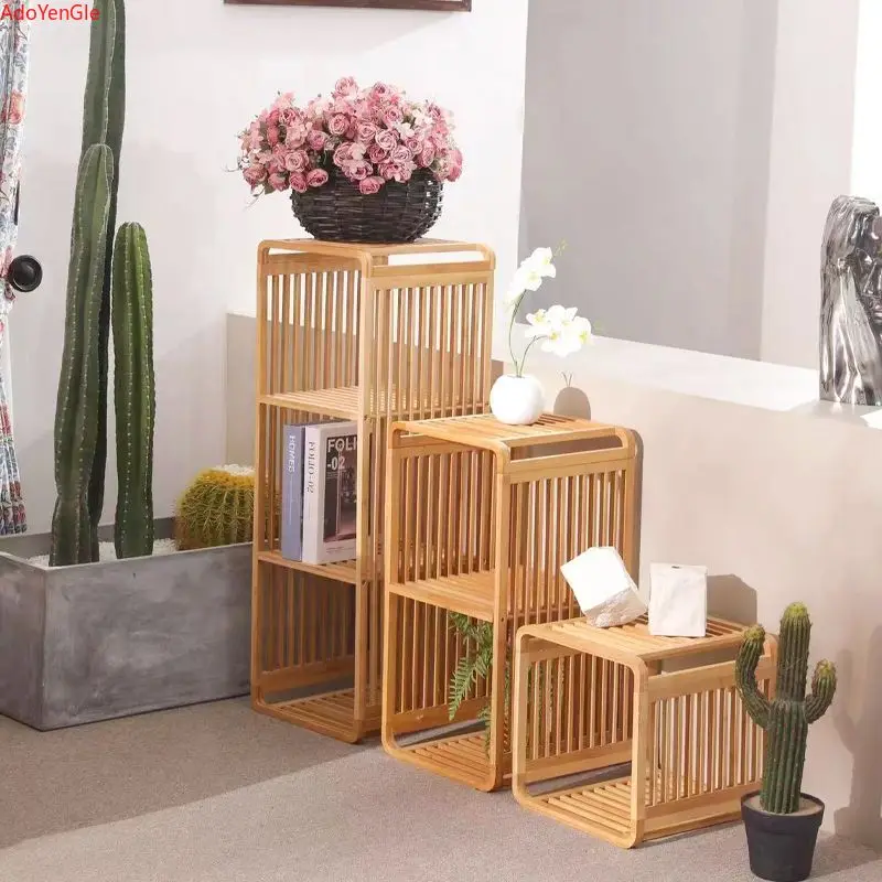 Bamboo rattan Stacked shelves with multi-layer storage floor-to-ceiling book sorting shelves bedroom bedside bay window shelves