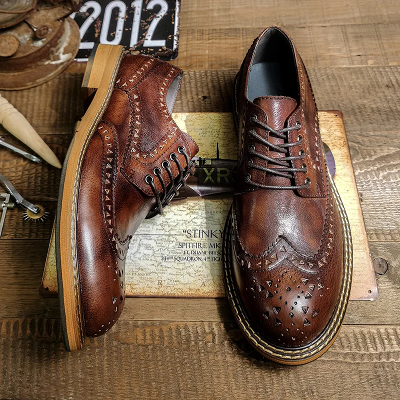 Classical Brown Carved Wing Tips Brogue Shoes Men\'s Genuine Leather British Style Retro Trend Cowhide Casual Oxfords