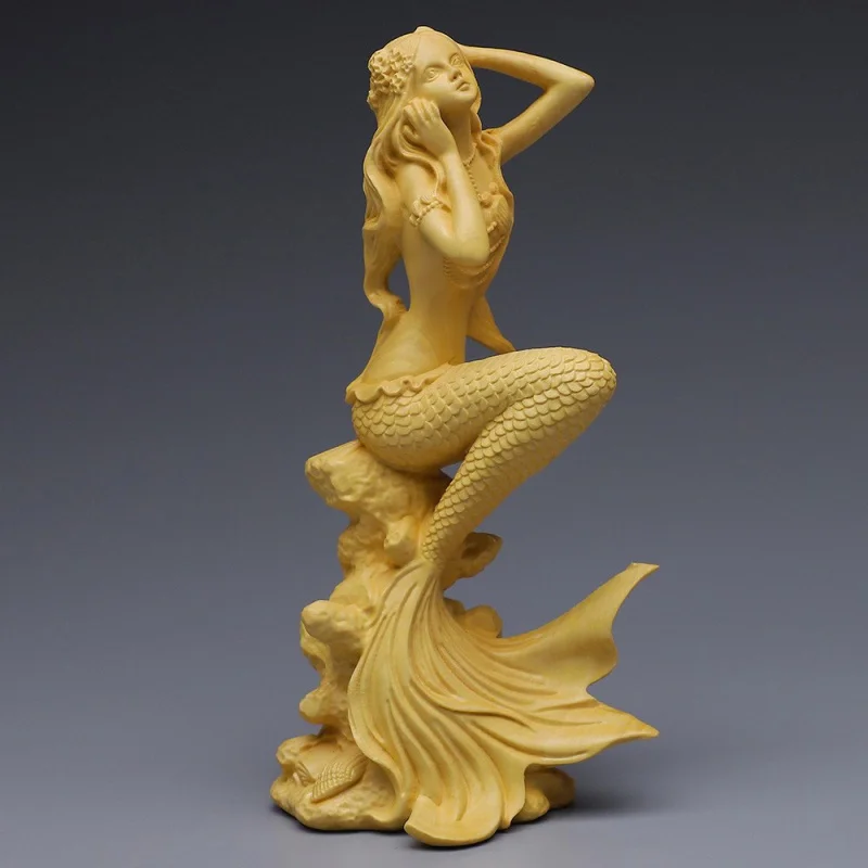 

Boxwood Craft Mermaid Furnishings Ornaments Solid Wood Carving Crafts Office Beauty Characters Gift