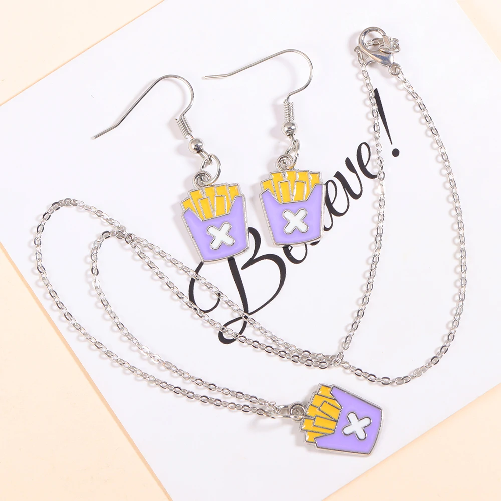 Cute Food Accessory Funny Enamel French Fries Hamburg Pendant Earring Necklace Gold/Silver Color Jewelry Set for Kids Gifts