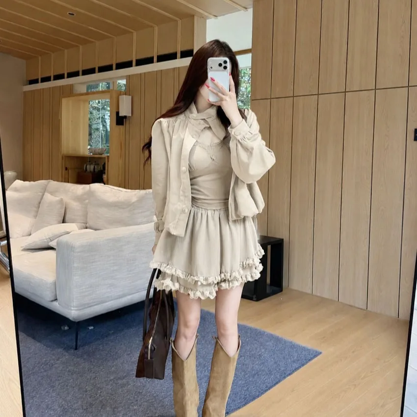 Fall 2026 Korean Style Workwear Open Cardigan Jacket Strap Vest Wooden  Ruffle Half Skirt Three Piece Set Short Casual Fit