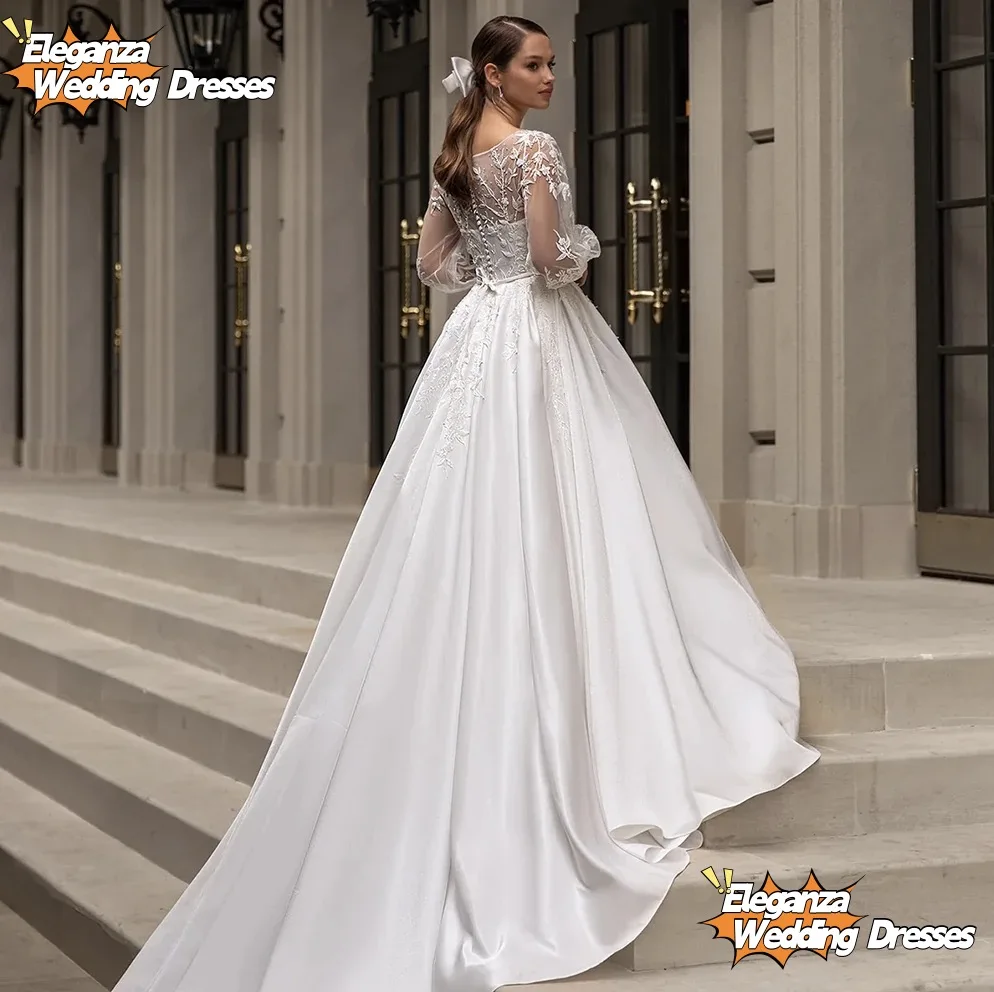 Customized Classic Wedding Dresses Women O-Neck Full Sleeves Bride Dress Satin With Applique Sweep Train A-Line  Occasion Gowns