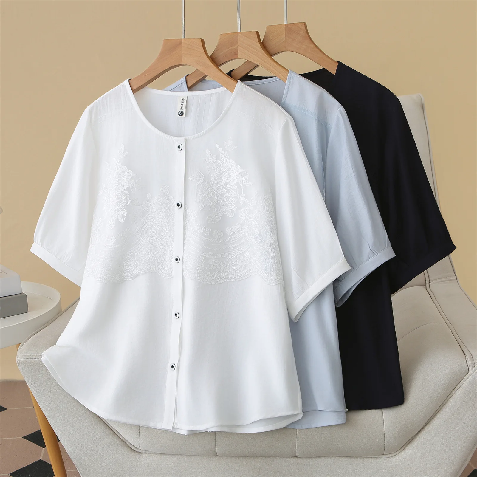 2026 Summer Plus Size Embroidery Spliced Open Blouse Round Neck Short Sleeve Elegant Daily Versatile Shirt Curvy Ladies 2620 view 6