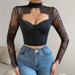 Zik Hekiy Fishbone Skinny Crop Top Women Y2K Sexy Lace Embroidery Hollowing Mesh See Through Long Sleeve Backless Slim Blouses