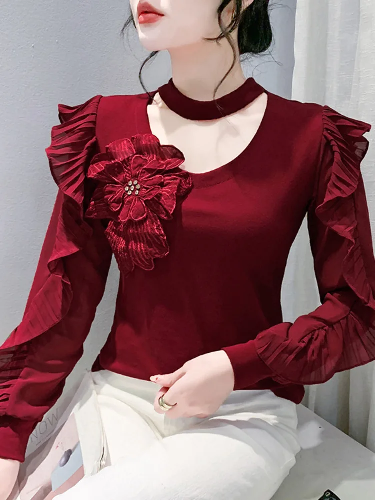 2025 Autumn New Ruffle Edge Stand Up Collar Base Shirt, Long Sleeved Top With Patchwork, Slim Fit And Stylish Small Shirt