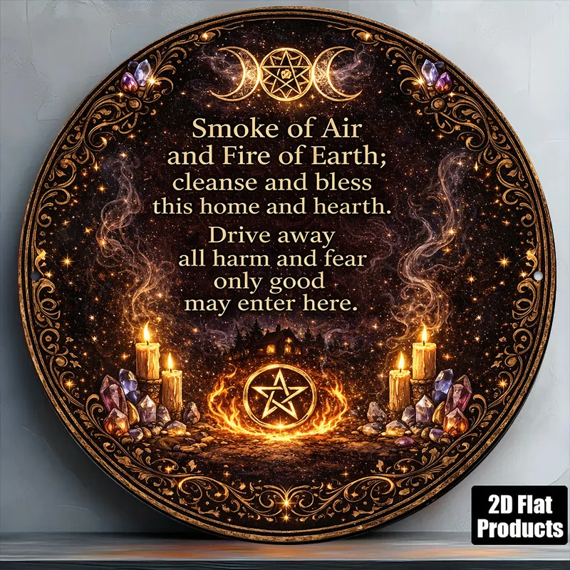 2D Vintage Metal Sign, Round Wooden Plaque, Smudged Air Earth Fire Purification Blessing Home Hearth Decor, Altar Magic Ritual O