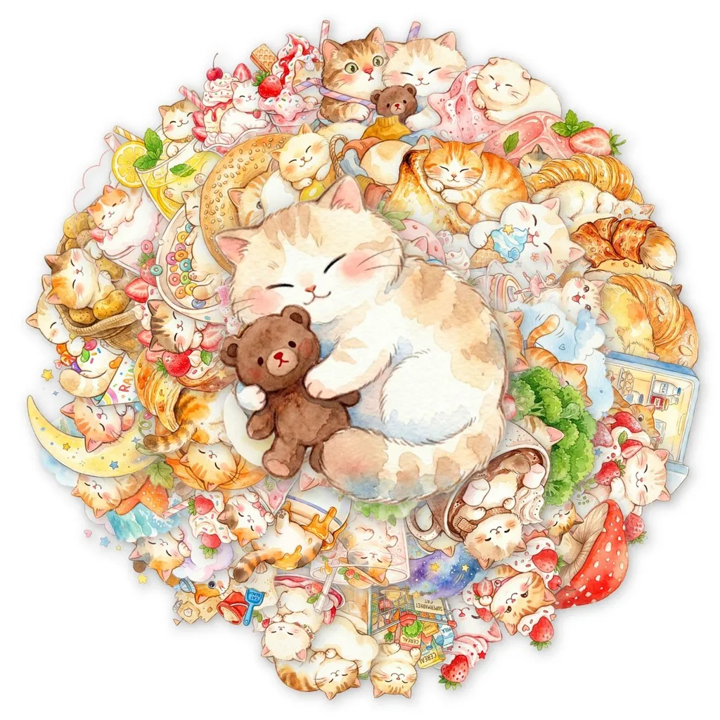50Pcs Healing Watercolor Cat Stickers, Cute Daily Kitty Waterproof Decals for DIY Decor Golden Memory Stickers Store