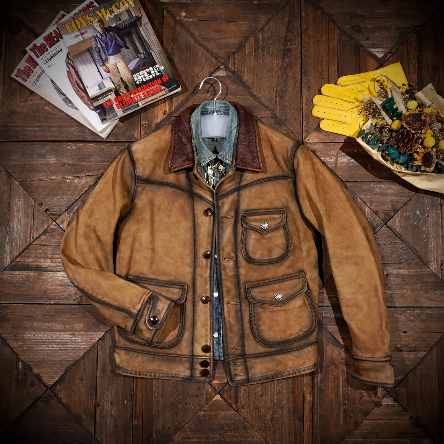 American retro replica washed and made old ground cowhide western three-pocket farmer jacket