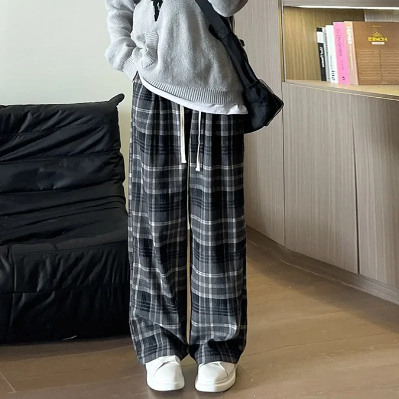 Autumn/Winter Women's Plaid Casual Straight-Leg Fleece-Lined Bell Bottoms Idle Style Fashionable Trousers American Style