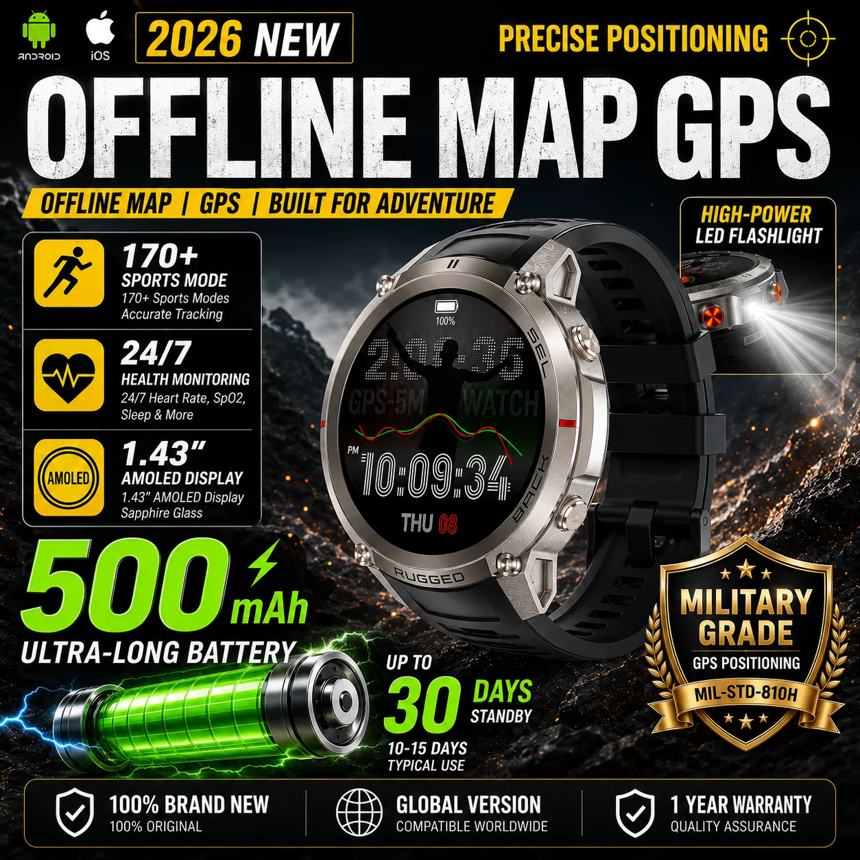 2026 Military Grade Built-in GPS Smart Watch 5ATM Waterproof Compass Altimeter Barometric AMOLED Men BT Call Sports Smartwatches