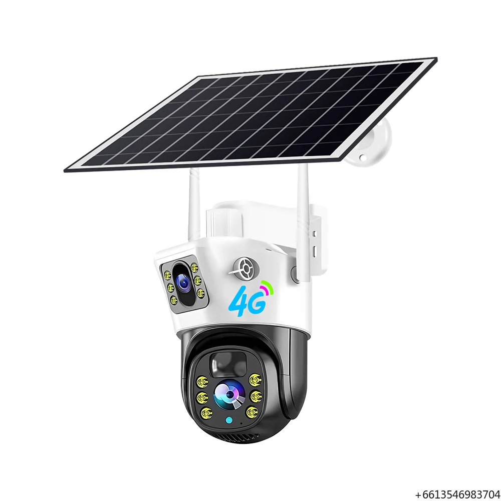 Dual Lens Outdoor Security CCTV System Night Vision Pan-Tilt Function 4G Networks Solar Power Built-in Mic for Two-Way Audio