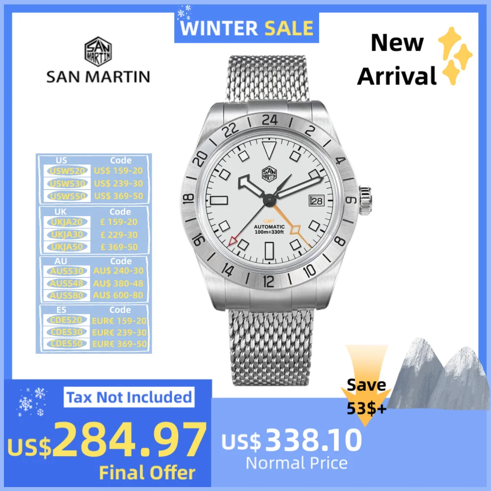 San Martin NH34 GMT Automatic Watch 39mm Luxury Wrist Clock Mesh Bracelet Quick Adjust Clasp 100m Waterproof Sapphire SN0135