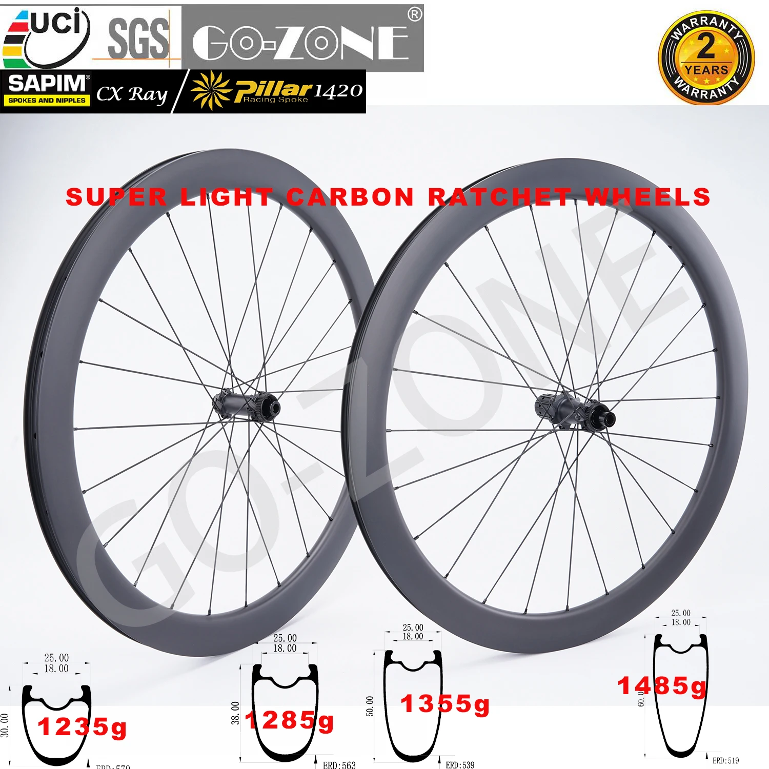 1235g Carbon Wheelset 700c Road Disc Brake Center Lock GOZONE R270D Ratchet System Normal / Ceramic Bearings Disc Wheels