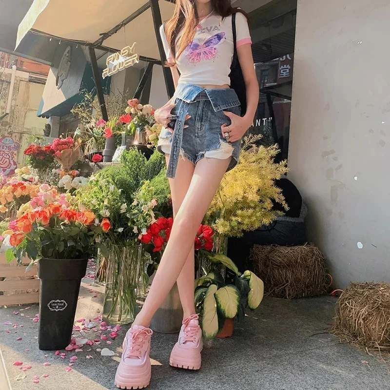 Perforated Denim Shorts for Women Spicy Girl Retro High Waist Shorts Summer Loose Worn-Out Shorts Y2K Streetwear