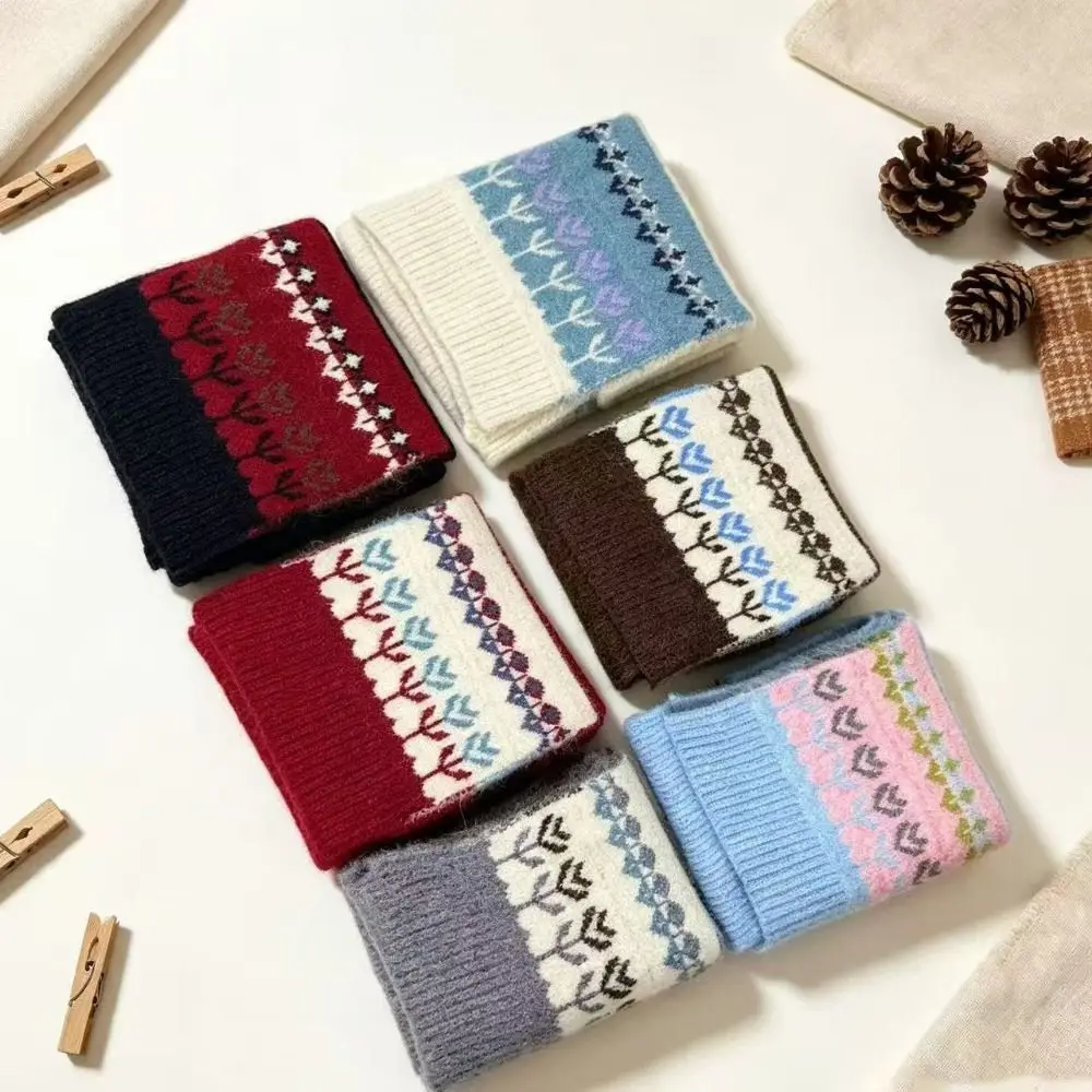 Elegant Wool Jacquard Knitted Scarf Thickened Floral Winter Cashmere Scarves Solid Color Warm Fair Isle Style Shawl Girl