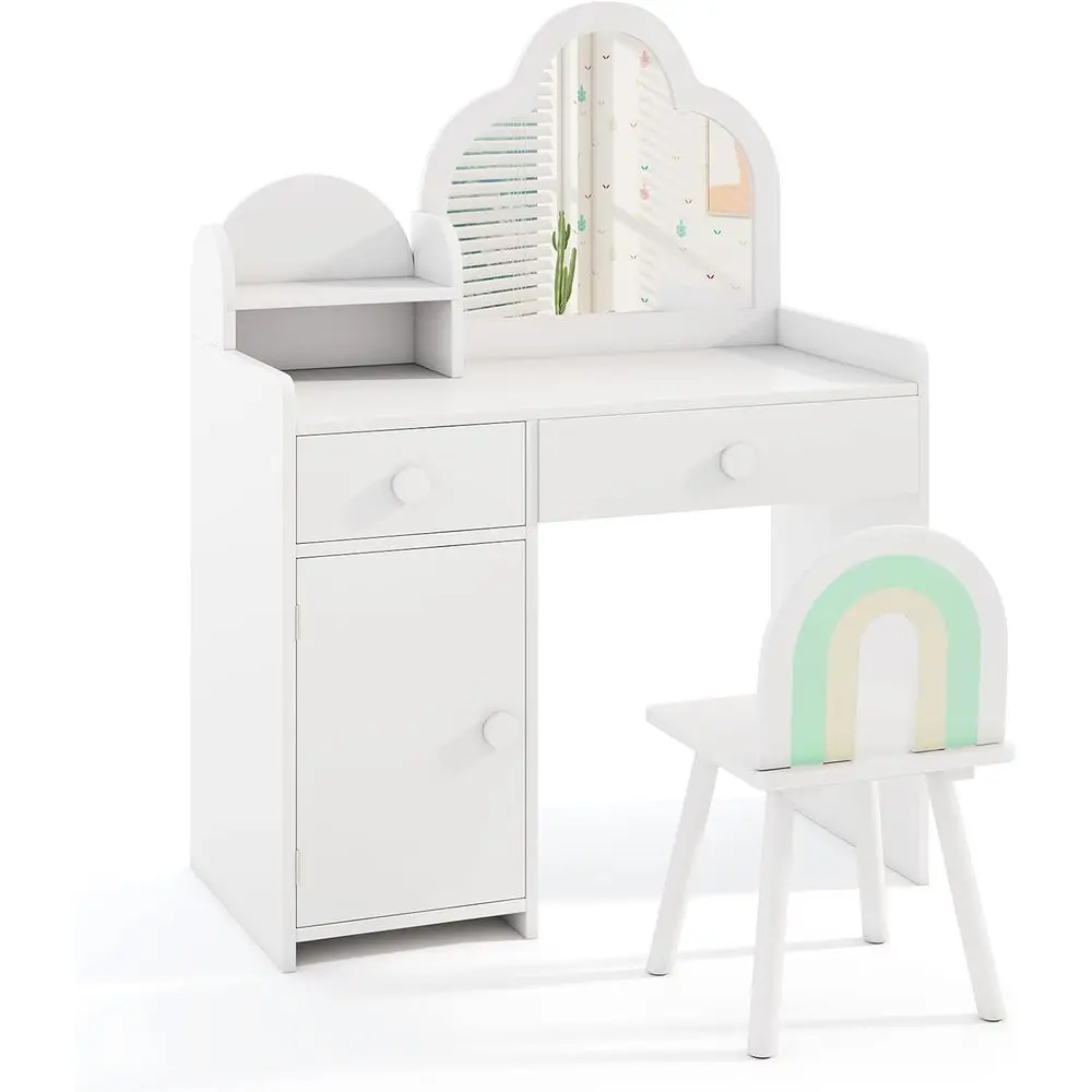 

Cloud-Shaped Wooden Vanity Set with Mirror, Stool, Storage, and Pretend Play Desk for Toddler Girls (White)
