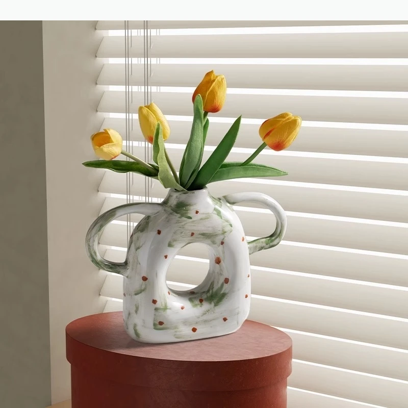 Handle Ceramic Vase Flower Pots Table Decoration Ornaments Flowers Arrangement Floral Vases Room Aesthetic Decor