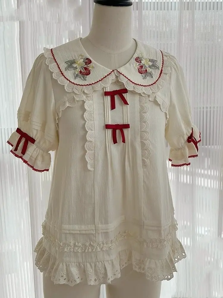 

Japanese Lolita Shirts Pleated Bow Lace Patchwork Embroidery Peter Pan Collar Blouses Sweet Tops Summer Sweet Women's Clothing