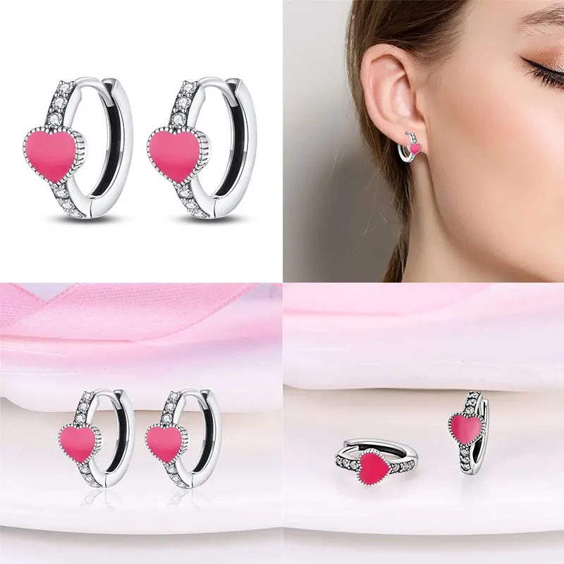 2024 Hot Sale 100% 925 Sterling Silver Heart to Heart Mother\'s Day Heart Shaped Pink Women\'s Earrings for Party Anniversary Gift