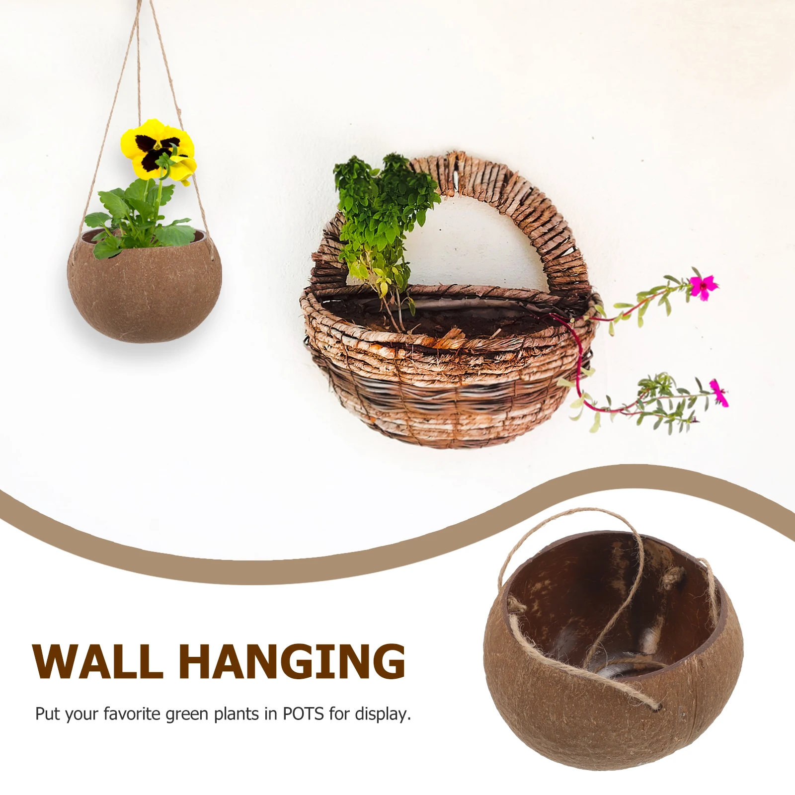 

Coconut Shell Hanging Flower Pot Plants Balcony Planter Creative Natural Shells Home Decor Versatile Planting Space Saving Rope
