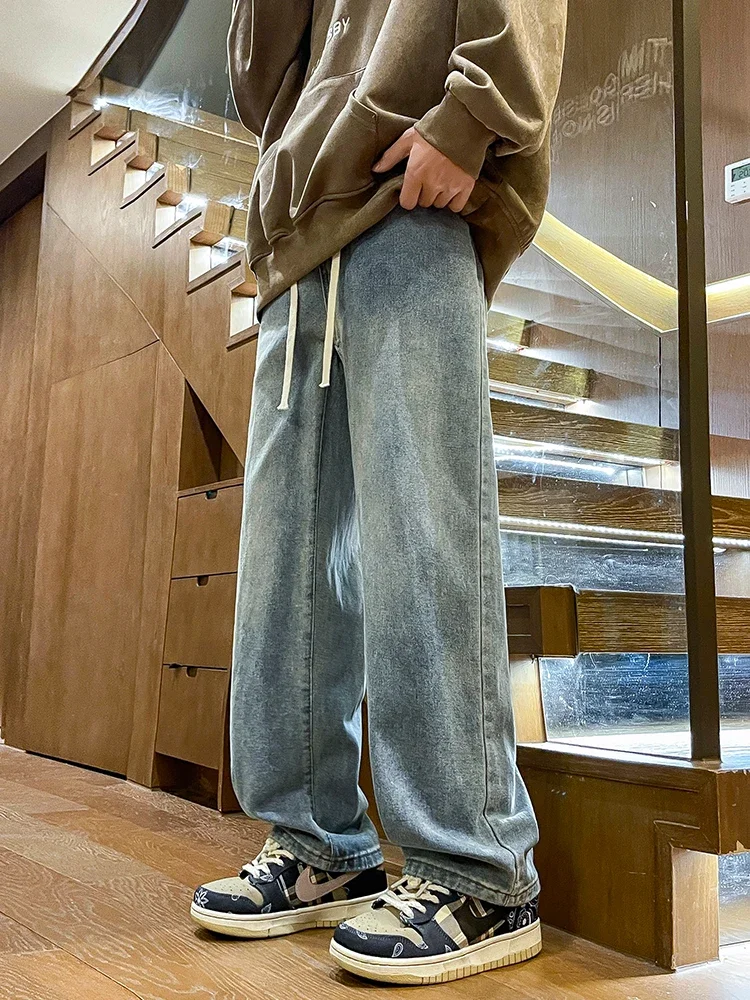 2025 pantalones vaqueros de pierna semianchos para primavera y verano para hombre, pantalones vaqueros informales de algodón lavados a la moda coreana, Pantalones rectos negros y azules