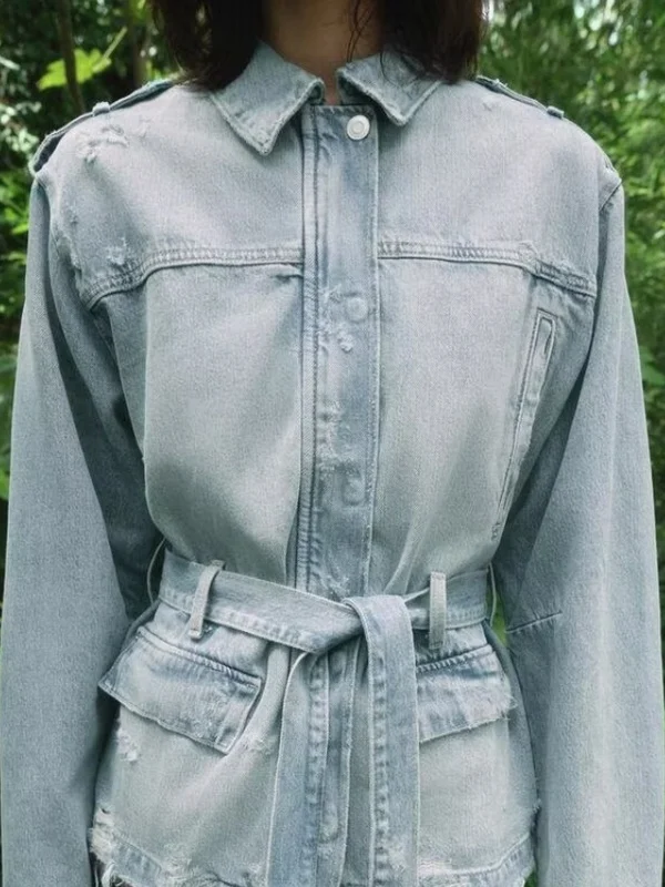 Fall 2025 New Oversize Denim Jaet with Belt And kets Women's Casual ort Coat Loose Fit Cotton Long Sve Zipper Closure