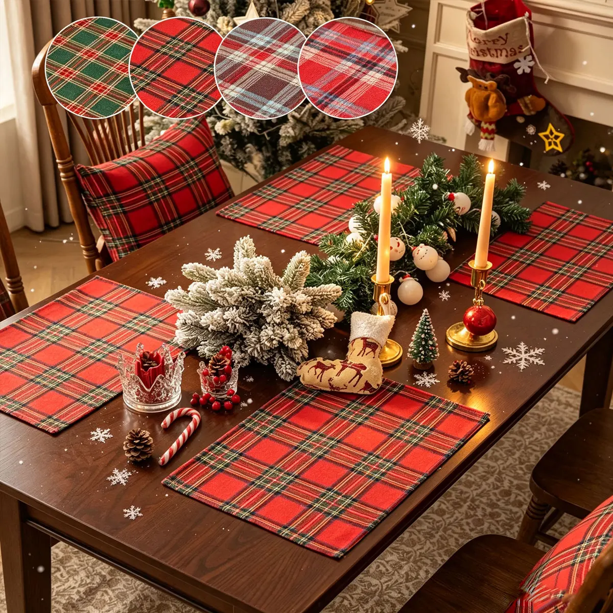 2/6/12Pcs Christmas Tartan Plaid Placemats Washable Table Mats for Holiday Dining Table Decor