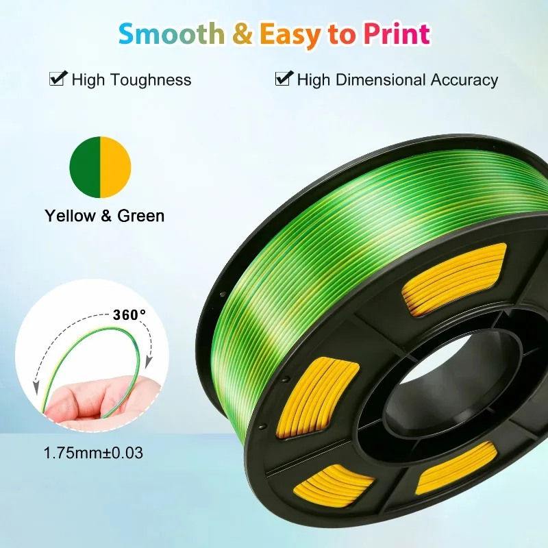 Silk PLA 3D Printer Filament, Shiny Yellow Green Dual Color  Filament 1.75mm,  3D Printing Filament for Most FDM 3D Printer 250g