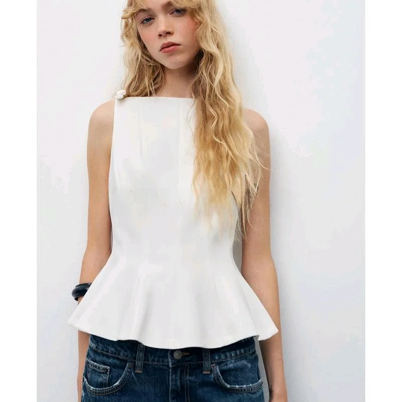 Primavera nuevo estilo Casual de las mujeres cuello redondo sin mangas cuello barco Falda corta csa decoración de nudo de ...