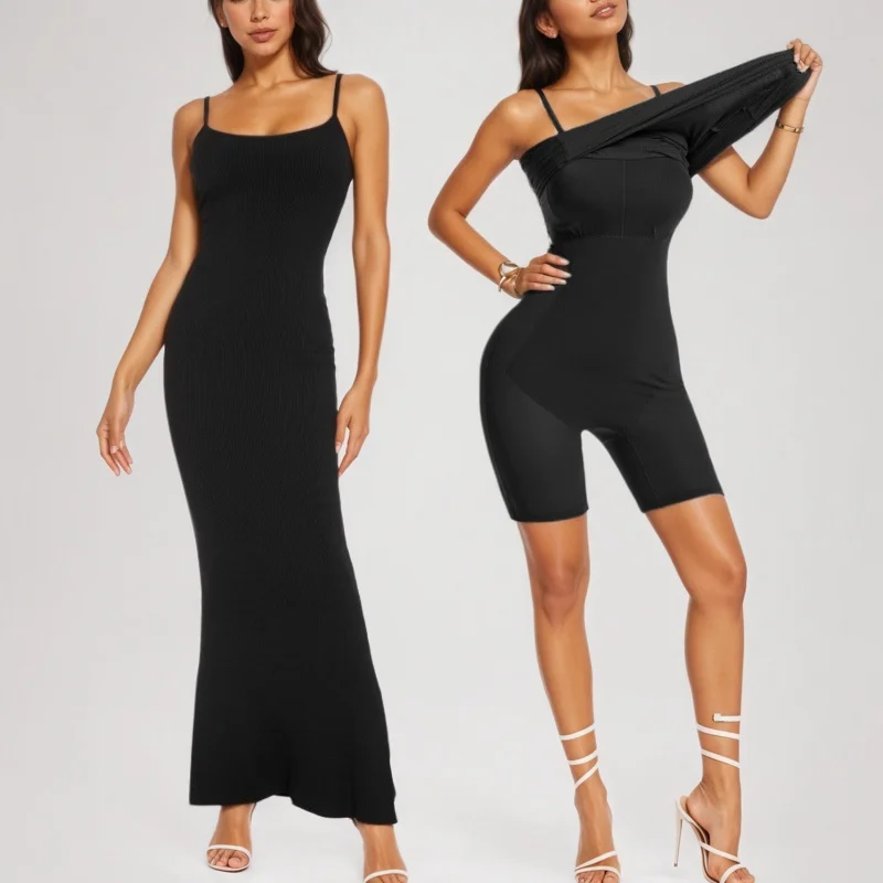 

2 In 1 Summer Bodycon Maxi Dress For Women Formal Tummy Control Shapewear Dress With Built In Bra Spaghetti Strap Long Dress