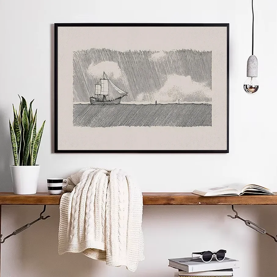 Sailboat Hand Drawn Sketch Canvas Print Wall Art Nautical Sea Ship Poster Living Room Home Decor Black Frame frameless