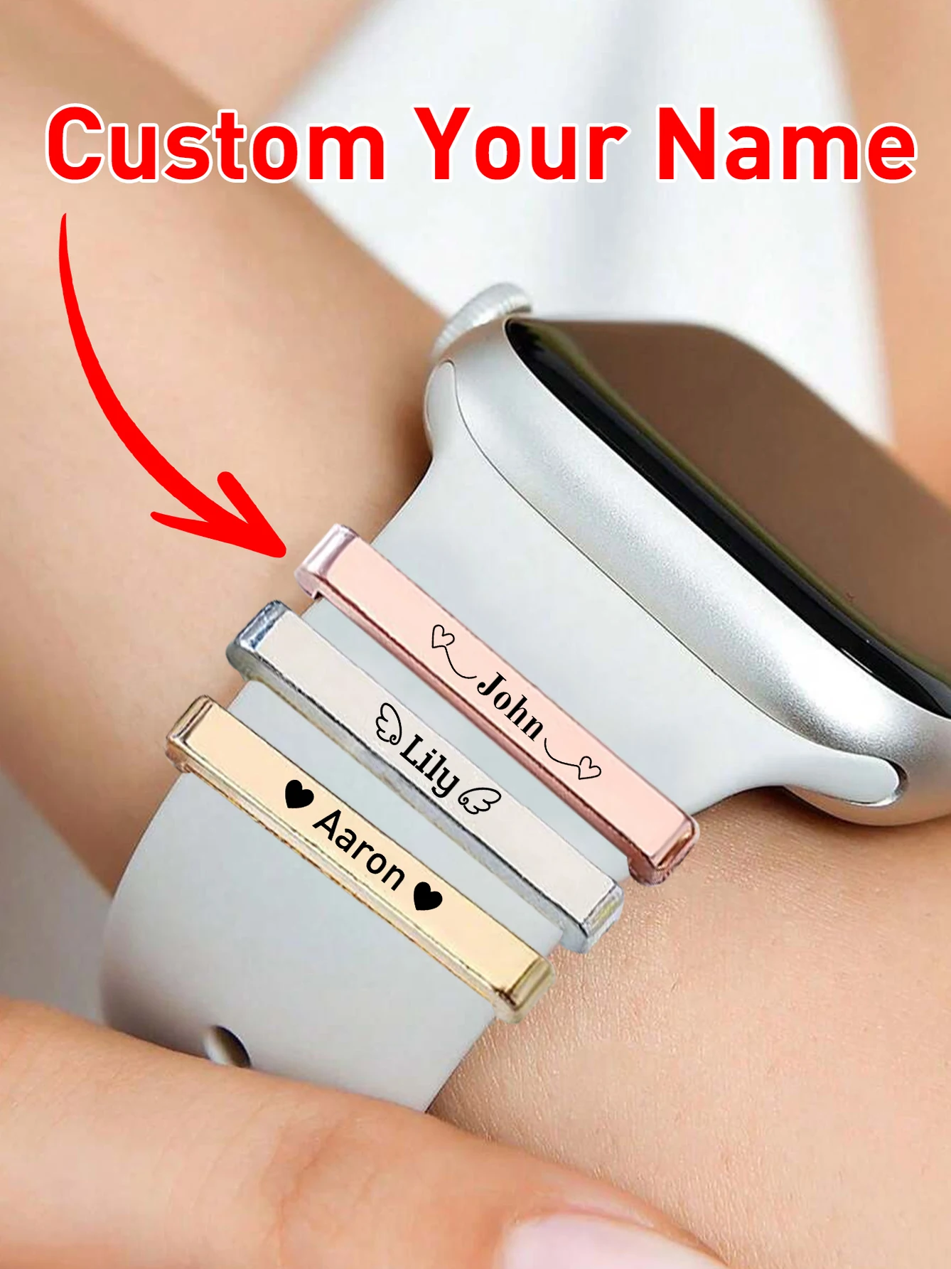 Charme de pulseira de relógio com nome gravado personalizado, acessórios de pingente de relógio personalizado, charme de relógio inteligente personalizado