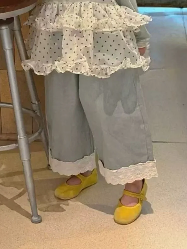 Girl's Korean Style Spring Set 2026 New Children's Western Style Polka Lace Strap Top Wide Leg Jeans 6