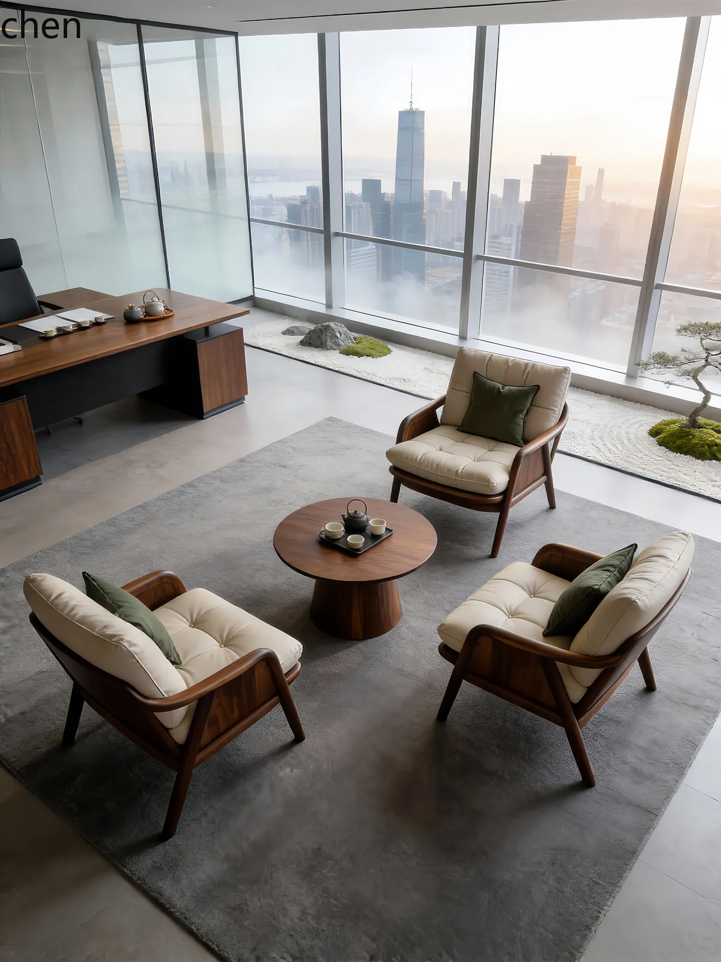 PYH Light Luxury  Single Chair High-Quality Black Walnut Single Sofa Office Meeting Reception Leather Soft Cover