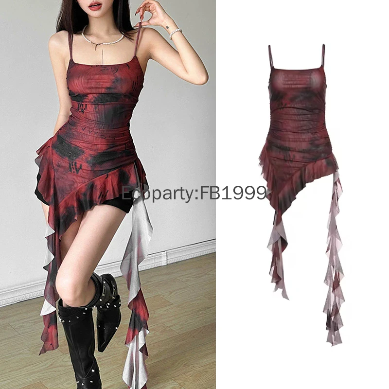 المرأة الصيف موضة الأخوات حفلة الزي الرجعية التدرج الكشكشة الحلو مثير عارية الذراعين كول رقيقة صغيرة غير النظامية شرابة فستان بكتافة #1