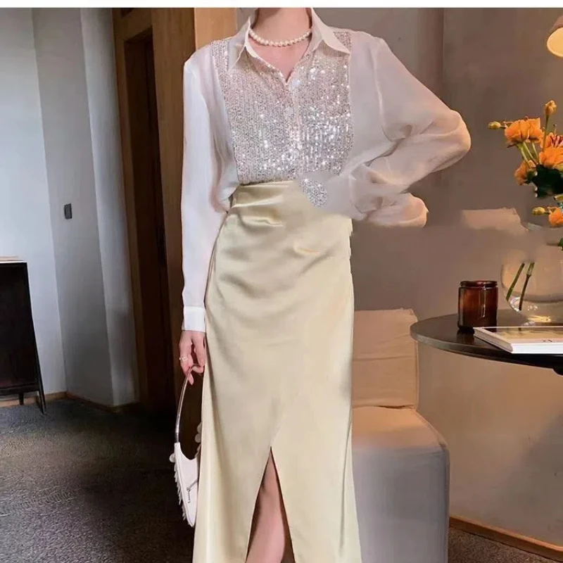 French Style Fashion Autumn New Women Solid POLO Collar Sequins Single Breasted Temperament Office Lady Long Sleeve Shirts Tops