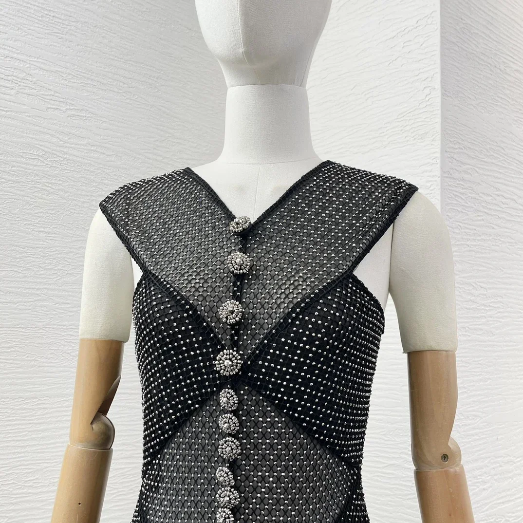 Zwart Nieuw 2024 Vrouwen Luxe Diamanten Mesh Symmetrische Split Uitsparing Ontwerp Trompet Zeemeermin Maxi Hoge Kwaliteit Jurk Voor Feest