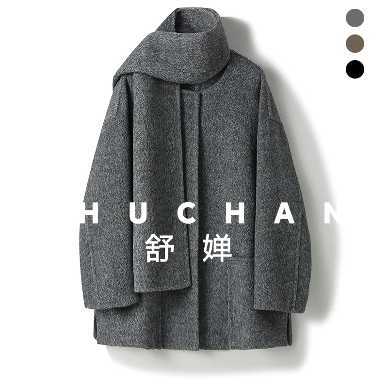 

13% шарф «Тибетская яка», корейская простая двусторонняя твидовая куртка, осеннее утолщенное свободное кашемировое шерстяное пальто для девочек, женское